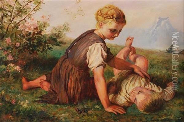 Children In A Landscape Oil Painting - George Smith