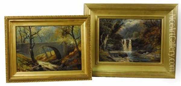 Forest Landscape With Waterfall (+ Landscape With Bridge; 2 Works) Oil Painting - Walter Linsley Meegan