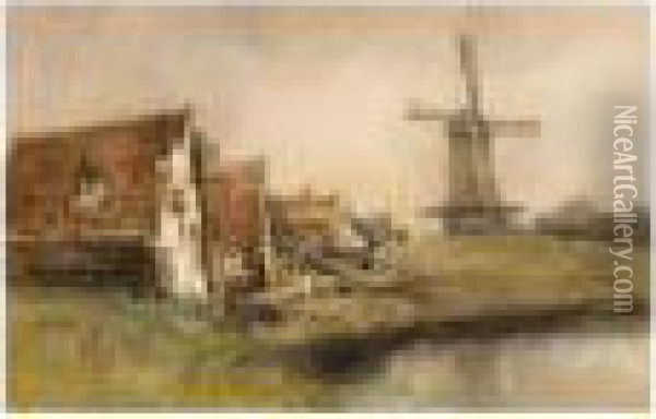 Houses And A Windmill In A Riverlandscape Oil Painting - Jan Hillebrand Wijsmuller