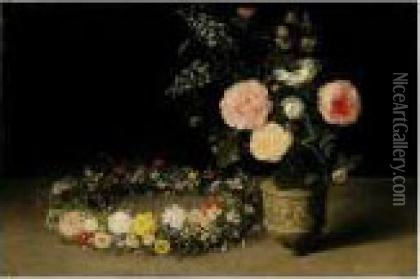 A Still Life Of Roses And Sprays
 Of Lilac In An Ornamental Stoneware Vase, With A Wreath Of Roses, 
Forget-me-nots, Jasmine, Cyclamen And Other Flowers Resting Nearby, All 
On A Table-top Oil Painting - Jan The Elder Brueghel