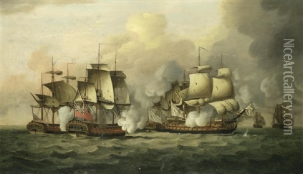 H.m.s. Mediator Engaging An Enemy Convoy Off Cape Ortegal, 12th December 1782 Oil Painting - Thomas Luny