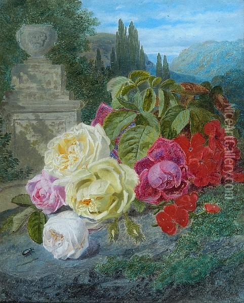 A Still Life Of Flowers Against A Landscape Background Oil Painting - Thomas Worsey