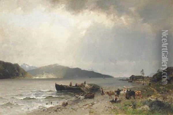 Ferrying The Cattle Oil Painting - Georg Anton Rasmussen