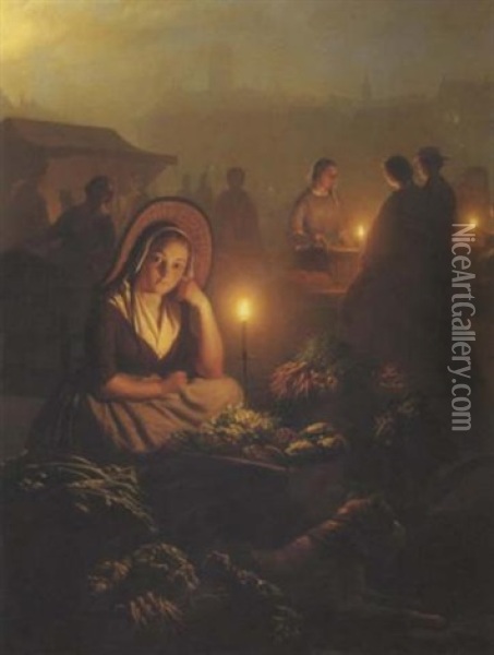 A Girl Selling Vegetables At The Night-market With The Dam Palace And The Nieuwe Kerk In The Distance, Amsterdam Oil Painting - Petrus van Schendel