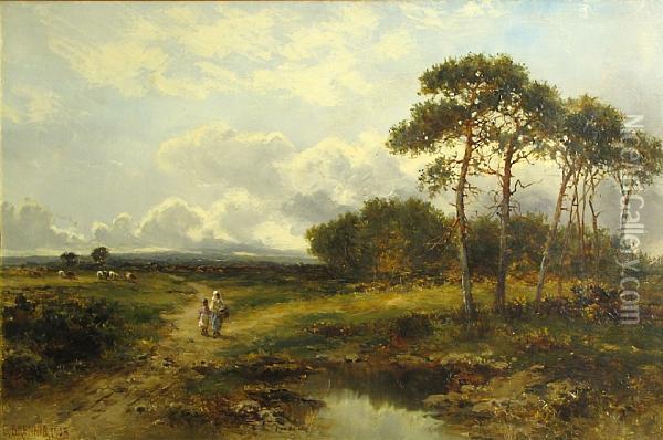 A Pastoral Landscape With Two Figures By A Pond Oil Painting - Carl Brennir
