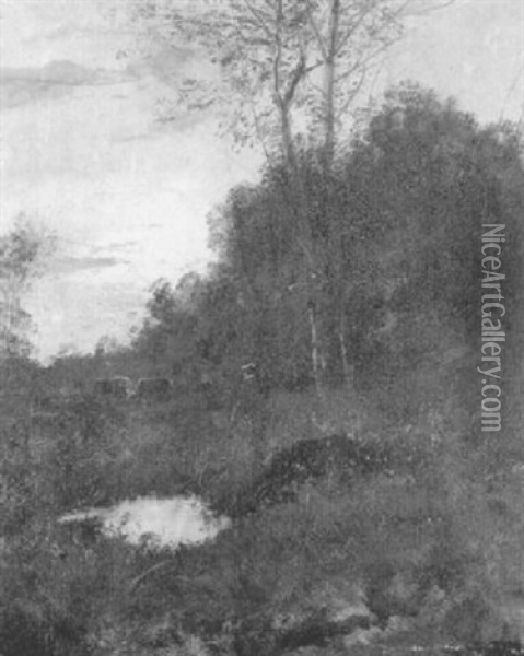Waldlichtung Mit Jager, Kuhen Und Einem Teich In Der Morgenrote Oil Painting - Edgar Barclay