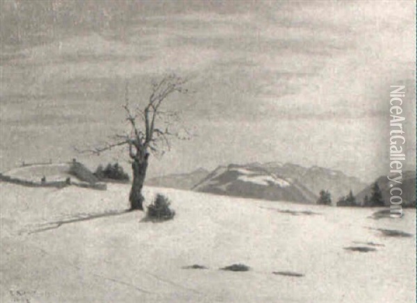 Winterliche Feldlandschaft Mit Gehoft Und Kahlem Baum Oil Painting - Robert Kiener