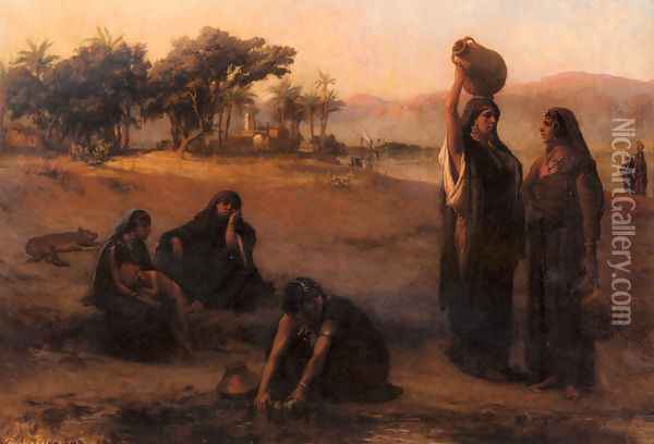 Women Drawing Water From The Nile Oil Painting - Frederick Arthur Bridgman