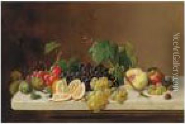 Grapes On A Marble Slab Oil Painting - Severin Roesen