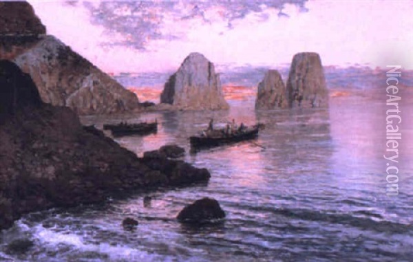 Coastal Scene In Capri Oil Painting - Giuseppe Giardiello