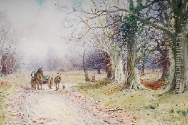 Figures With A Horse And Cart On A Countrylane Oil Painting - William Manners