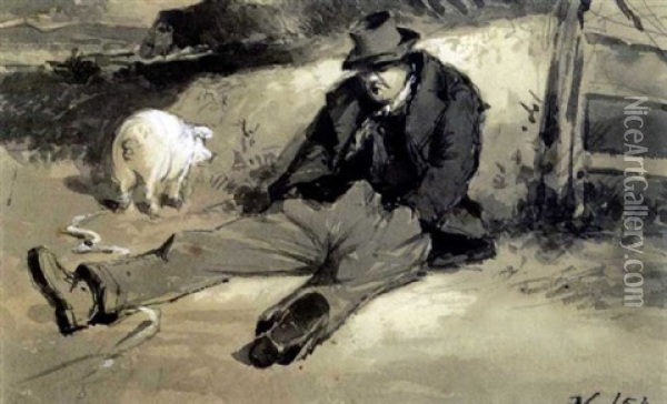 Man And A Pig By A Wall Oil Painting - Erskine Nicol