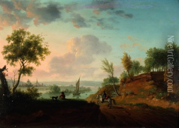 Flusslandschaft Mit Schimmelreiter Oil Painting - Johann Georg Schuez