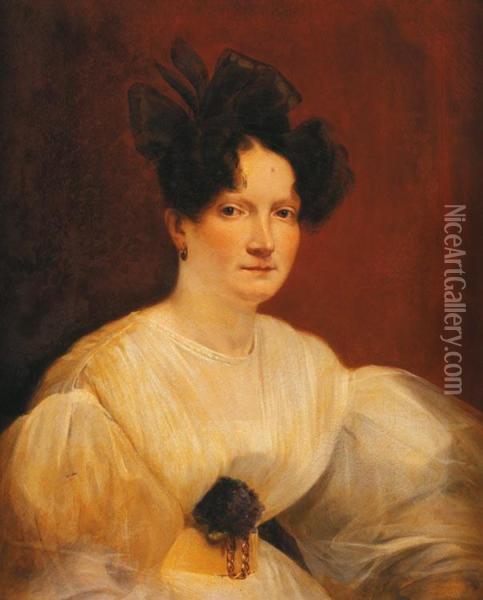 Portrait De Jeune Femme En Robe Blanche Ornee D'un Bouquet De Violettes Oil Painting - Nicolas Louis Gosse