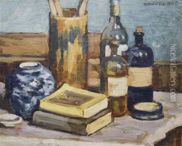 Sill Life With Vase, Bottles And Books Oil Painting - Hinrich Hadenfeld