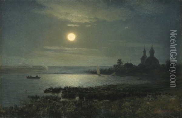 Moonrise Over The Lake Oil Painting - Gavril Pavlovich Kondratenko