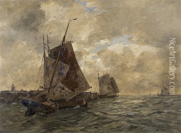 Fishing Boats At Mole Oil Painting - Andreas Dirks