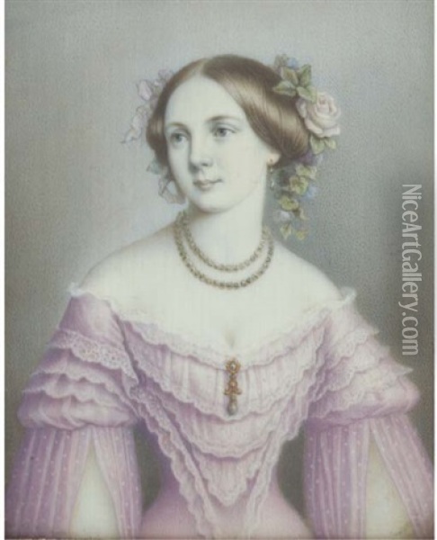 Luise Neumann, In Lace-bordered Pale Purple Dress With Ruffled Bodice And Spotted Split Sleeves, Drop Pearl Pendant Pinned At Corsage, Pearl Necklace, Drop Pearl Earring, Pink Roses In Her Hair Oil Painting - Adolf Theer