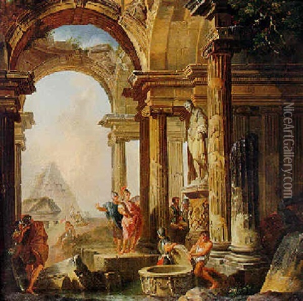 Alexander The Great Visiting The Tomb Of Achilles Oil Painting - Giovanni Paolo Panini