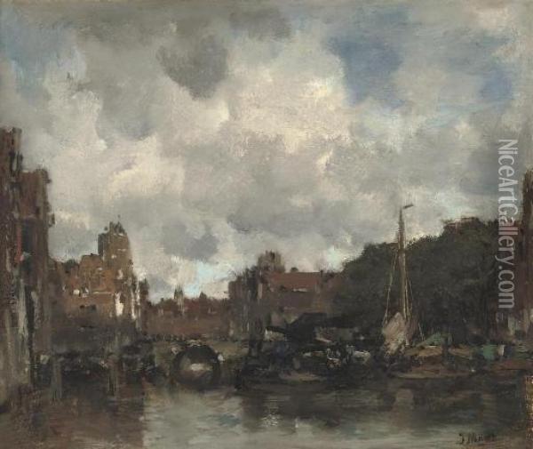 A Dutch Harbour Town Oil Painting - Jacob Henricus Maris