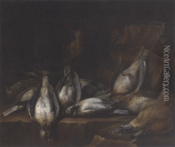 Dead Game And A Caged Bird On A Ledge In A Larder Oil Painting - Philips Angel