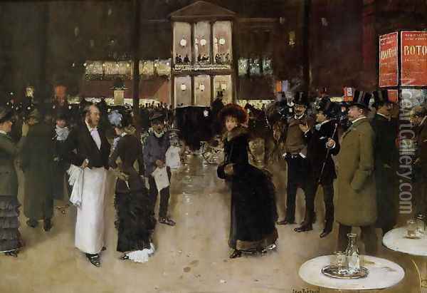 The Boulevard at Night, in front of the Theatre des Varietes, c.1883 Oil Painting - Jean-Georges Beraud