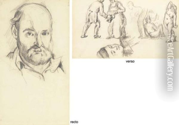 Autoportrait (recto); Trois 
Etudes: Tete De Paul Cezanne Fils, Rencontre D'une Femme Et D'un Homme 
Et Trois Baigneuses (verso) Oil Painting - Paul Cezanne