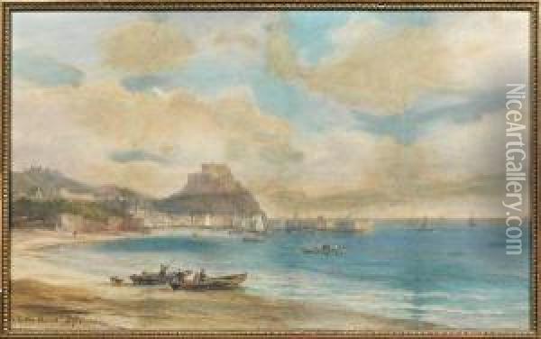 Grouville, Le Petit Port De Gorey Avec La Fortersse Du Mont Orgueil Oil Painting - Pierre Justin Ouvrie