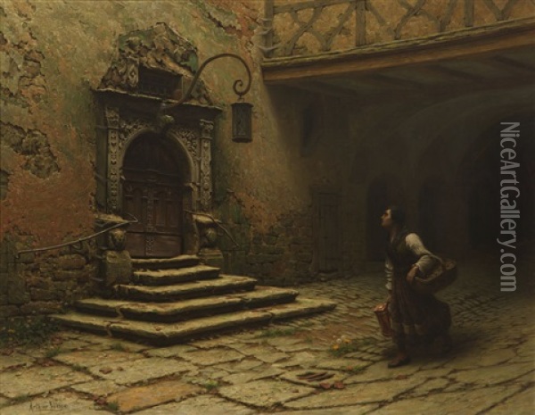 Woman With Jug And Basket Passing The Portal Rathaus, Rothenburg, Germany Oil Painting - Arthur Wasse