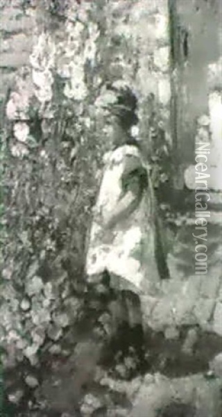 A Little Girl Picking Cornflowers Oil Painting - Laura Fidler