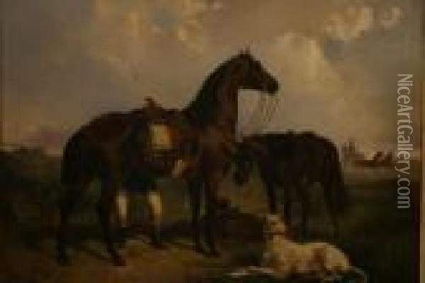 Rider With Two Bay Horses And Hound Oil Painting - Jules Didier