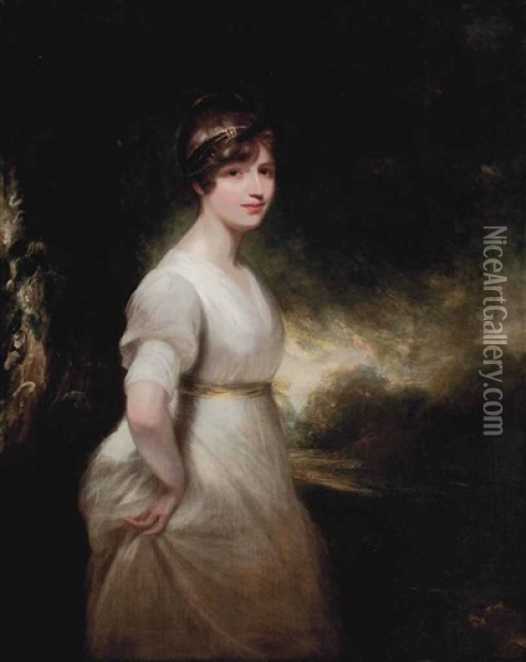 Portrait Of The Hon. Elizabeth Charlotte Eden, Lady Godolphin (1780-1847), Three-quarter-length, In A White Muslin Dress With A Yellow Bow Oil Painting - Sir William Beechey