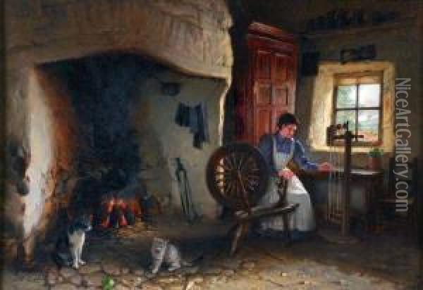Cottage Interior With Lady Spinning And Cat And Kitten By Fireside Oil Painting - Jonathan Pratt