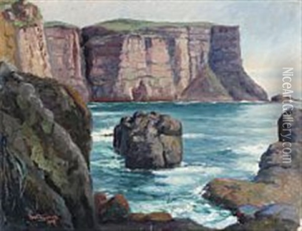 A Rocky Coastal Scene From The Faroe Islands Oil Painting - Joen Waagstein