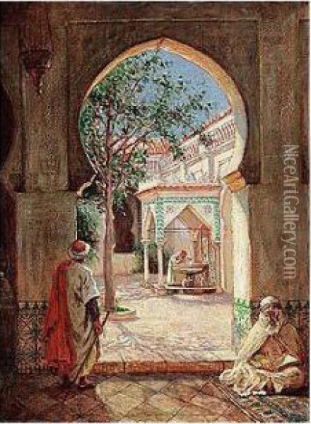 Court Of The Fountain Of Ablutions In The Mosque El Kerir, Algiers Oil Painting - Addison Thomas Millar