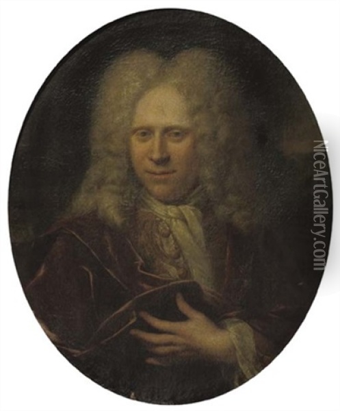 Portrait Of A Gentleman In A Dark Red Robe, A White Chemise And An Embroidered Vest Oil Painting - Jan Maurits Quinkhardt