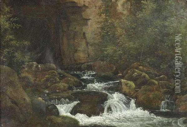 Theodore . Water Cascade In A Rocky Landscape Oil Painting - Theodore Rousseau
