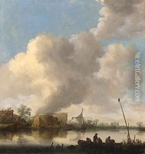 A river landscape with fishermen in a rowing boat, a lime kilm, farmhouses and a church beyond Oil Painting - Jan van Goyen