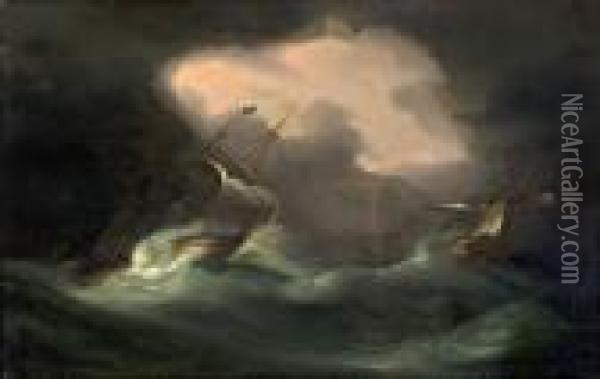 Pirate Ship Caught In A Stormy Sea Oil Painting - Thomas Buttersworth