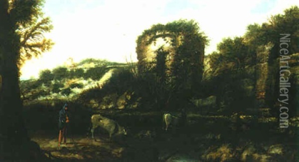 A Landscape With Ruins And Herdsman With Cattle By A Stream Oil Painting - Jacob Sibrandi Mancadan