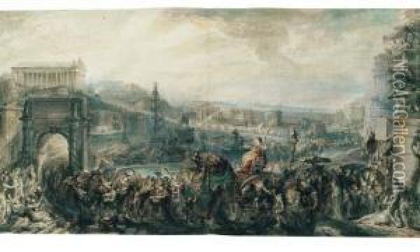 Le Triomphe De Pompee Dans Rome A L'imitation De Paul-emile Oil Painting - Gabriel De Saint Aubin