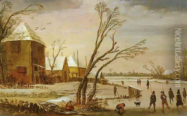 A Winter Landscape With Skaters On A Frozen River Oil Painting - Esaias Van De Velde