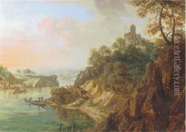 A Rhenish Landscape With Herdsmen On A Track Near A Castle, A Moored Fishing Boat Nearby And A Church In The Distance Oil Painting - Christian Georg Schuetz the Younger