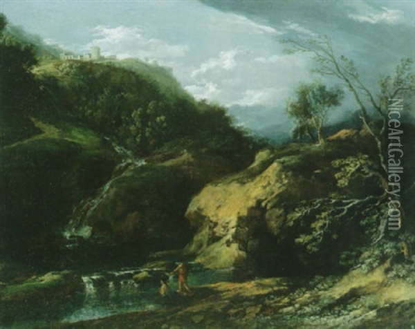 Sudliche Landschaft Mit Anglern An Einem Wasserfall Oil Painting - Francisque Millet