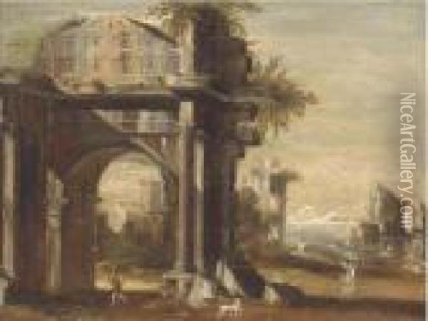 A Capriccio Of Classical Ruins By A Shore, With Figures In Theforeground Oil Painting - Viviano Codazzi