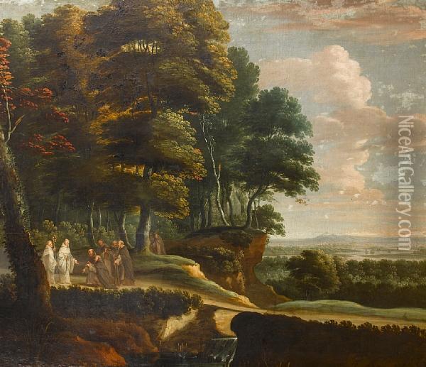 Benedictine And Franciscan Monks In Anextensive River Landscape Oil Painting - Lucas Achtschellinck