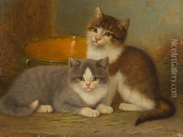 Zwei Katzchen Vor Irdener Schussel Oil Painting - Wilhelm Schwar