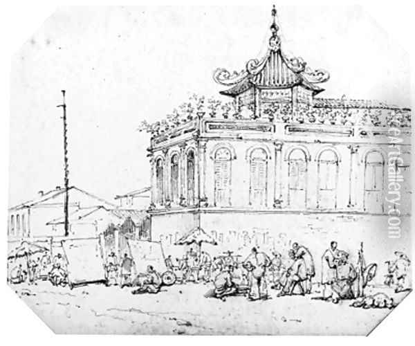 A Chinese Temple, Macao Oil Painting - George Chinnery