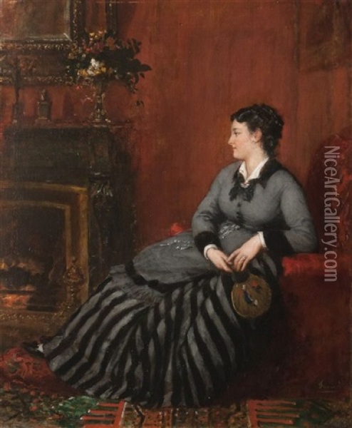 Portrait D'une Elegante Au Coin Du Feu Oil Painting - Eugene Faure