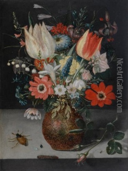 Still Life Of Flowers In An Earthenware Vase On A Stone Ledge, With Insects And A Caterpillar Beside It Oil Painting - Pieter Binoit